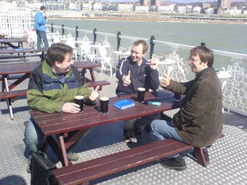 Paul Evans, Chris Greenway, and Luke, with beer