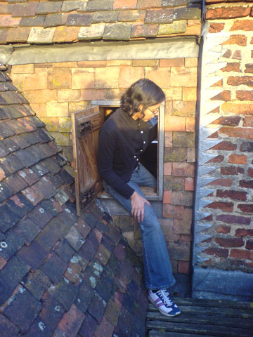 Ann on Warden Abbey's roof